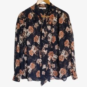 RO & DE Nordstrom Floral Button Up Romantic Flowy Shirt Top Blouse Flowers Navy